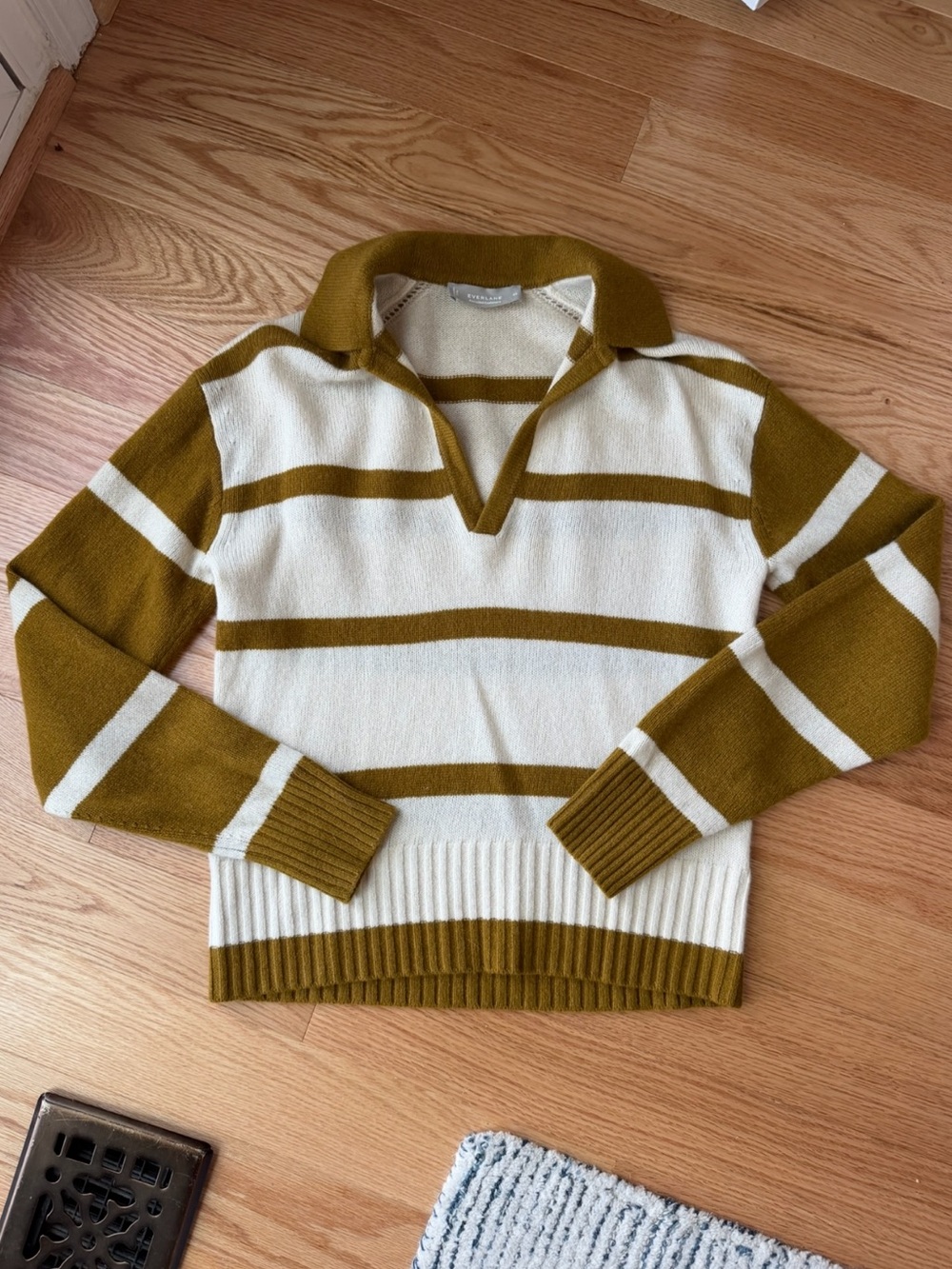 Everlane The Cashmere Polo Sweater Striped Recycled Cashmere Brown Ivory Size XS